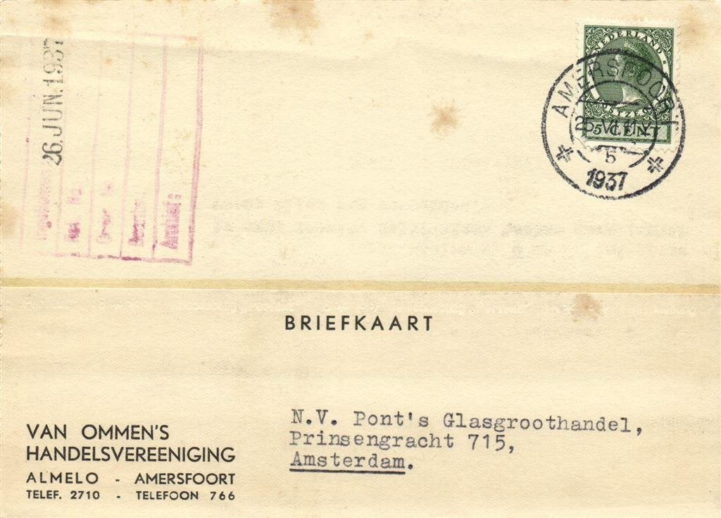 Van Ommen Handelsvereeniging, Almelo Amersfoort - 06.1937 -, Ophalen of Verzenden, Briefkaart