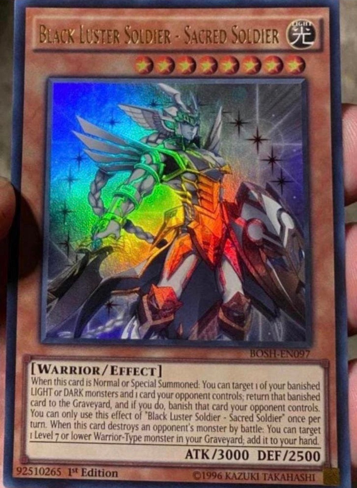 Yu-Gi-Oh! Black Luster Soldier - Sacred Soldier BOSH 1st Ed, Ophalen of Verzenden, Zo goed als nieuw, Losse kaart, Foil