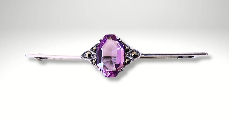 Antieke 935 zilveren ART DECO markasiet paars glas broche!, 4 tot 7 cm, Verzenden, Zo goed als nieuw, X