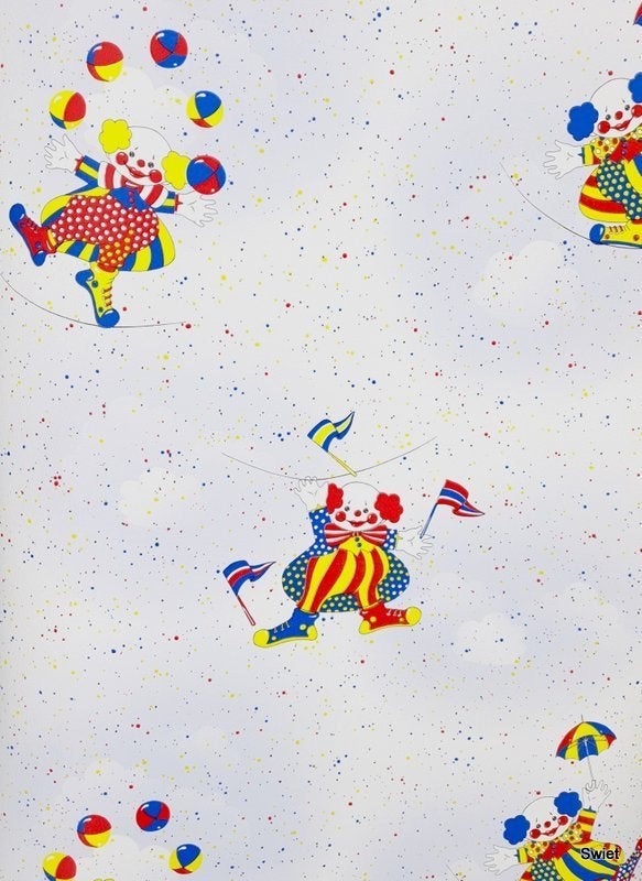 12835 Circus clown behang op wolkwit primaire kleuren swiet, Ophalen of Verzenden, Wit