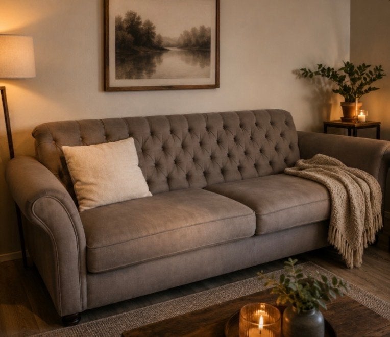 Stijlvolle 3-zitsbank, Urban Sofa, grijs,gecapitonneerde rug, Ophalen, Driepersoons, 75 tot 100 cm, Zo goed als nieuw