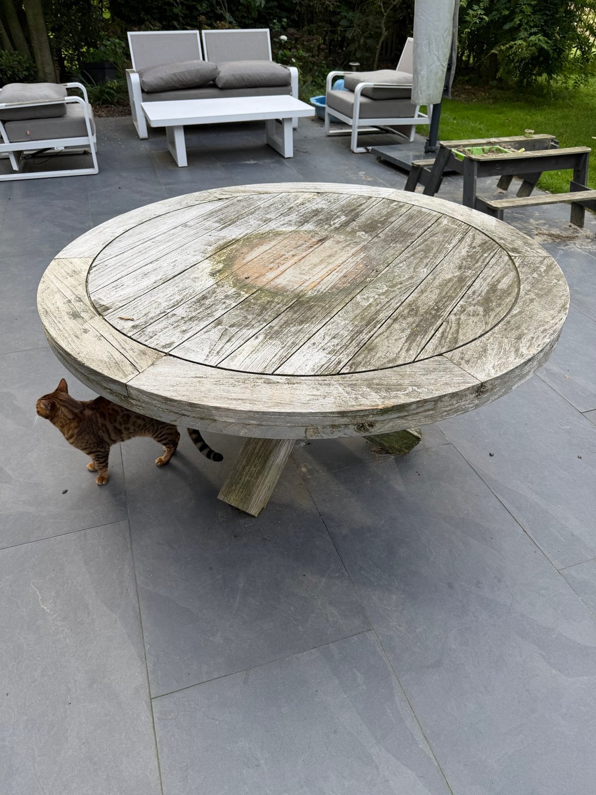 Ronde Teakhouten Tuintafel - 150 cm diameter, Ophalen, Gebruikt, Rond, Teakhout