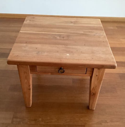 Teakhouten bijzettafel met lade - 60x60x47 cm, Ophalen, Gebruikt, 50 tot 100 cm, 5 – 50