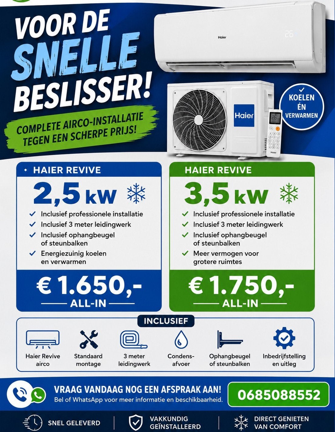 Haier Revive Airco 2.5kW - Koelen & Verwarmen, Ophalen, Koelen en Ontvochtigen, Minder dan 60 m³, Nieuw