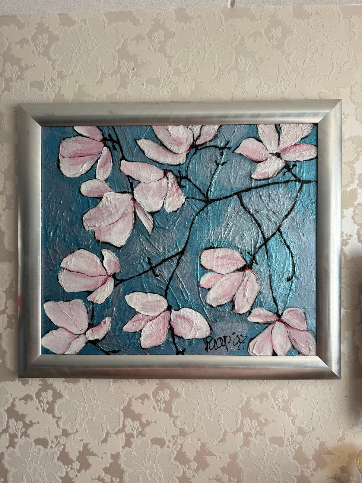 Schilderij bloesem 120x140cm, Antiek en Kunst, Kunst | Schilderijen | Klassiek, Acrylverf, Gesigneerd, Ophalen, Bloemen