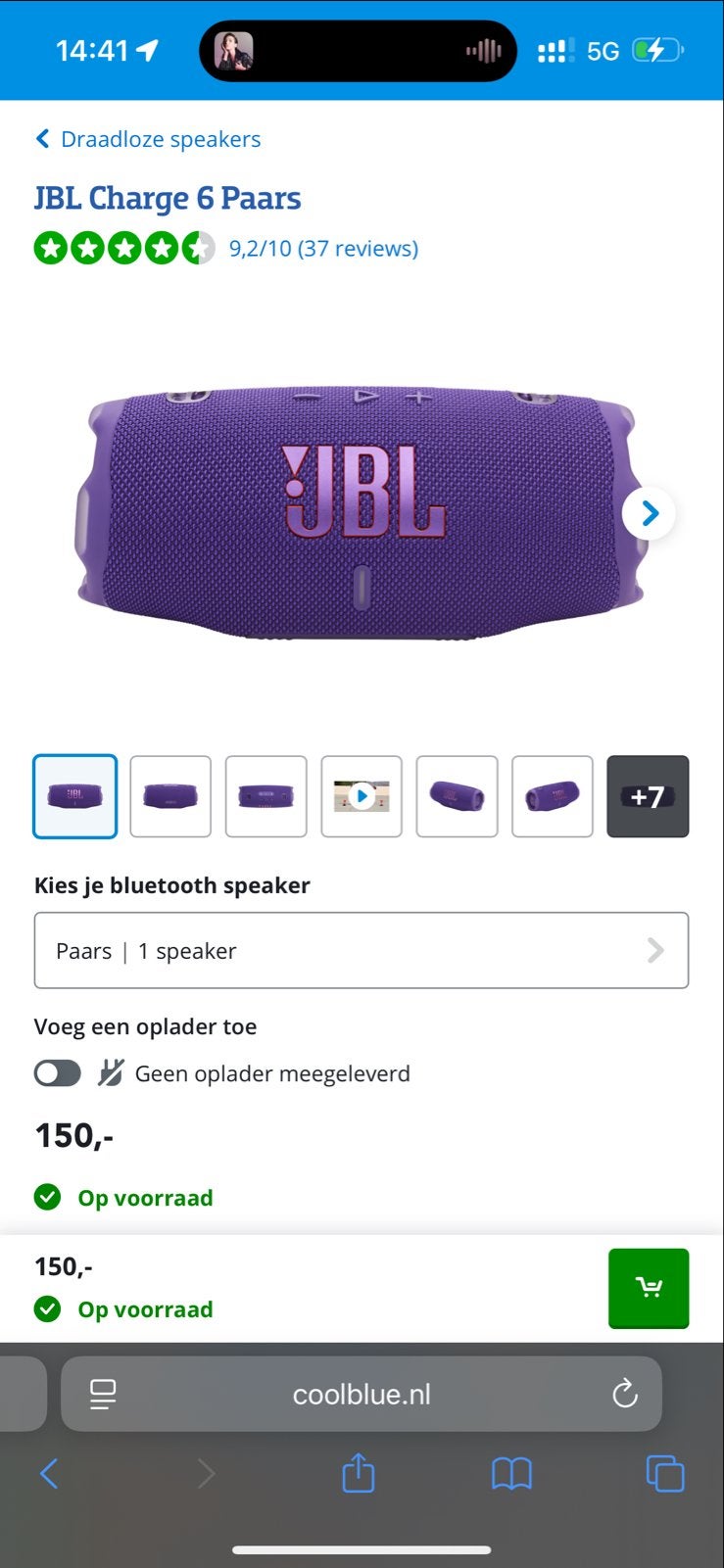 JBL Charge 6 Paars Draagbare Bluetooth Speaker, JBL, Ophalen of Verzenden, Zo goed als nieuw, Draagbare speaker