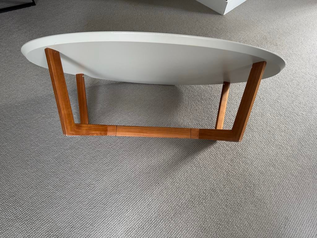 Stijlvolle Teakhouten Salontafel met Ovaal Blad, Ophalen, Gebruikt, 100 tot 150 cm, Teakhout