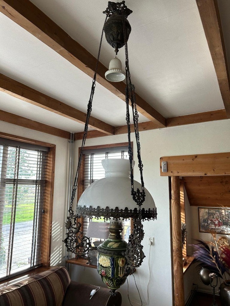 antieke oliehanglamp, Ophalen of Verzenden, Gebruikt, Glas