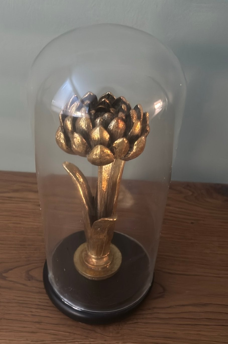 Gouden  bloem hout in glazen stolp circa 25 cm hoog, Ophalen, Zo goed als nieuw