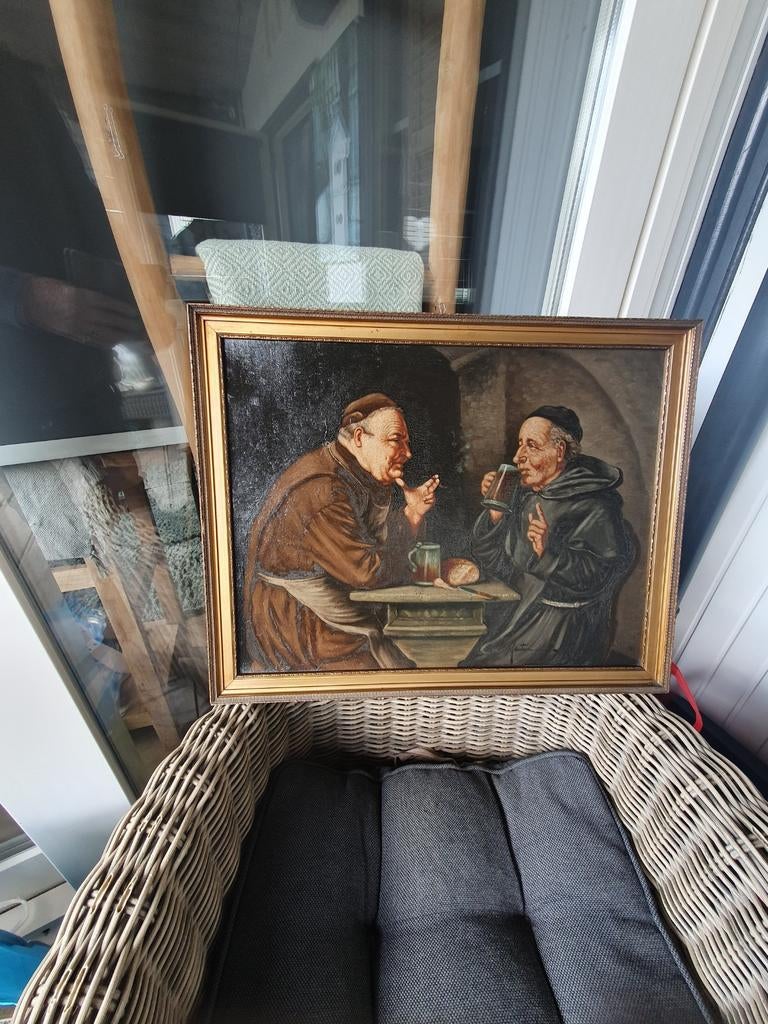 Oud schilderij: Twee monniken aan tafel, Antiek en Kunst, Kunst | Schilderijen | Klassiek, Ophalen of Verzenden