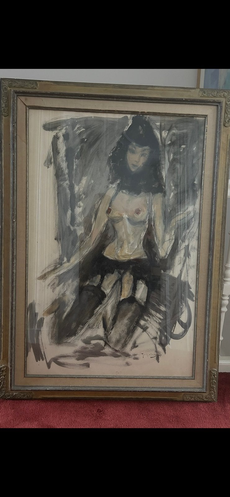 Grote aquarel  in oude franse lijst, Ophalen of Verzenden
