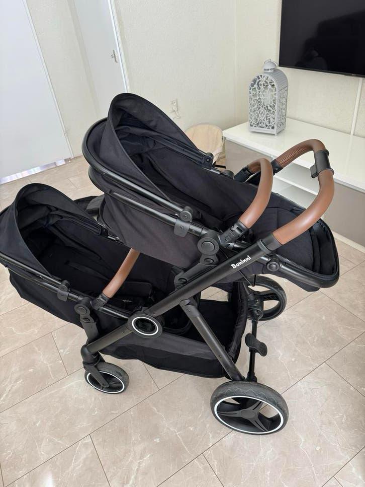 Banini Tweeling Kinderwagen - Zwart met Bruine Details, Verstelbare duwstang, Zo goed als nieuw, Combiwagen, Ophalen