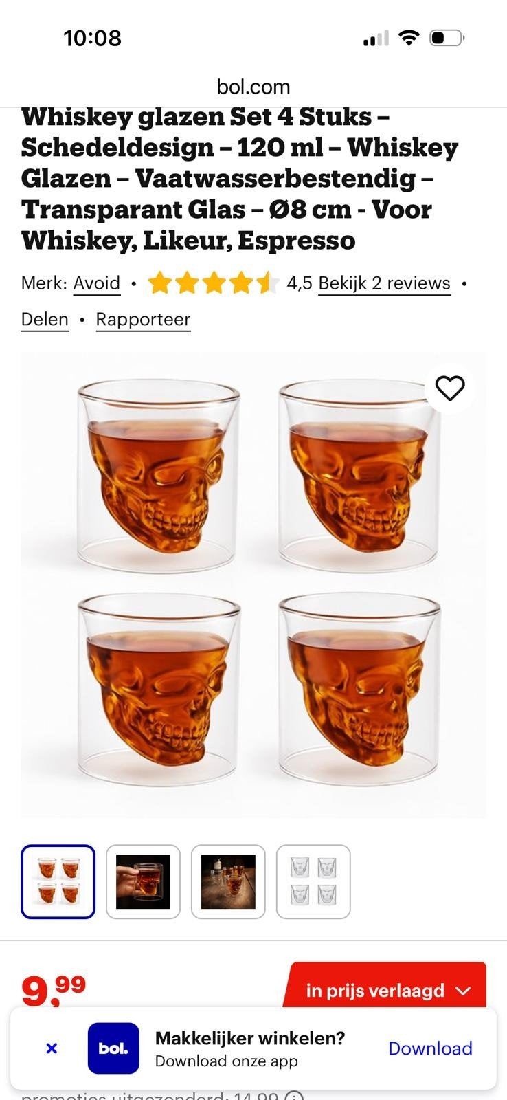 Whiskey Glazen Set - Schedeldesign - 4 Stuks, Nieuw, Ophalen of Verzenden, Overige merken, Glas