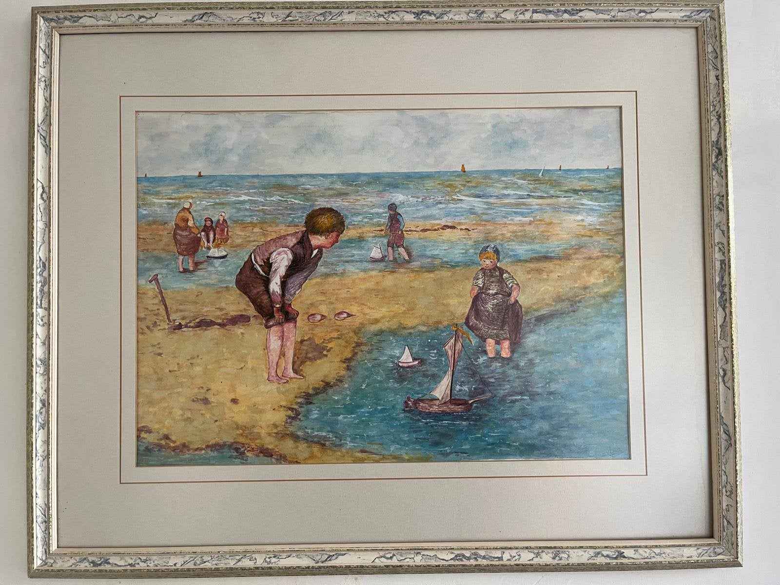 Pastelkrijt tekening ingelijst spelende kinderen op strand, Ophalen