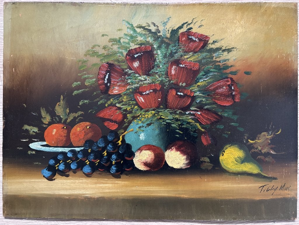 Tilly Moes (1899-1979) - Stilleven met bloemen en fruit, Antiek en Kunst, Kunst | Schilderijen | Klassiek, Bloemen, Ophalen of Verzenden