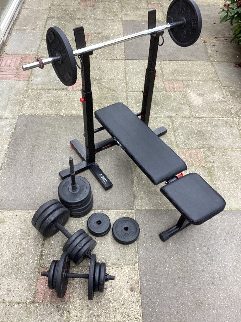 Halter bank met veel gewichten., Ophalen of Verzenden, Zo goed als nieuw, Rug, Fitnessbank