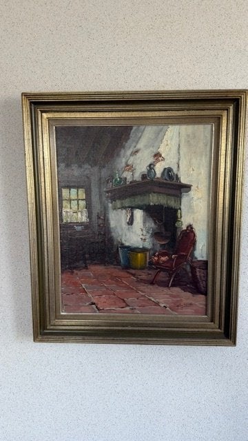 Schilderij van een Interieur met schouw (M. Eekhout?), Overige stijlen, Doek, Ophalen of Verzenden, Bijzondere lijst