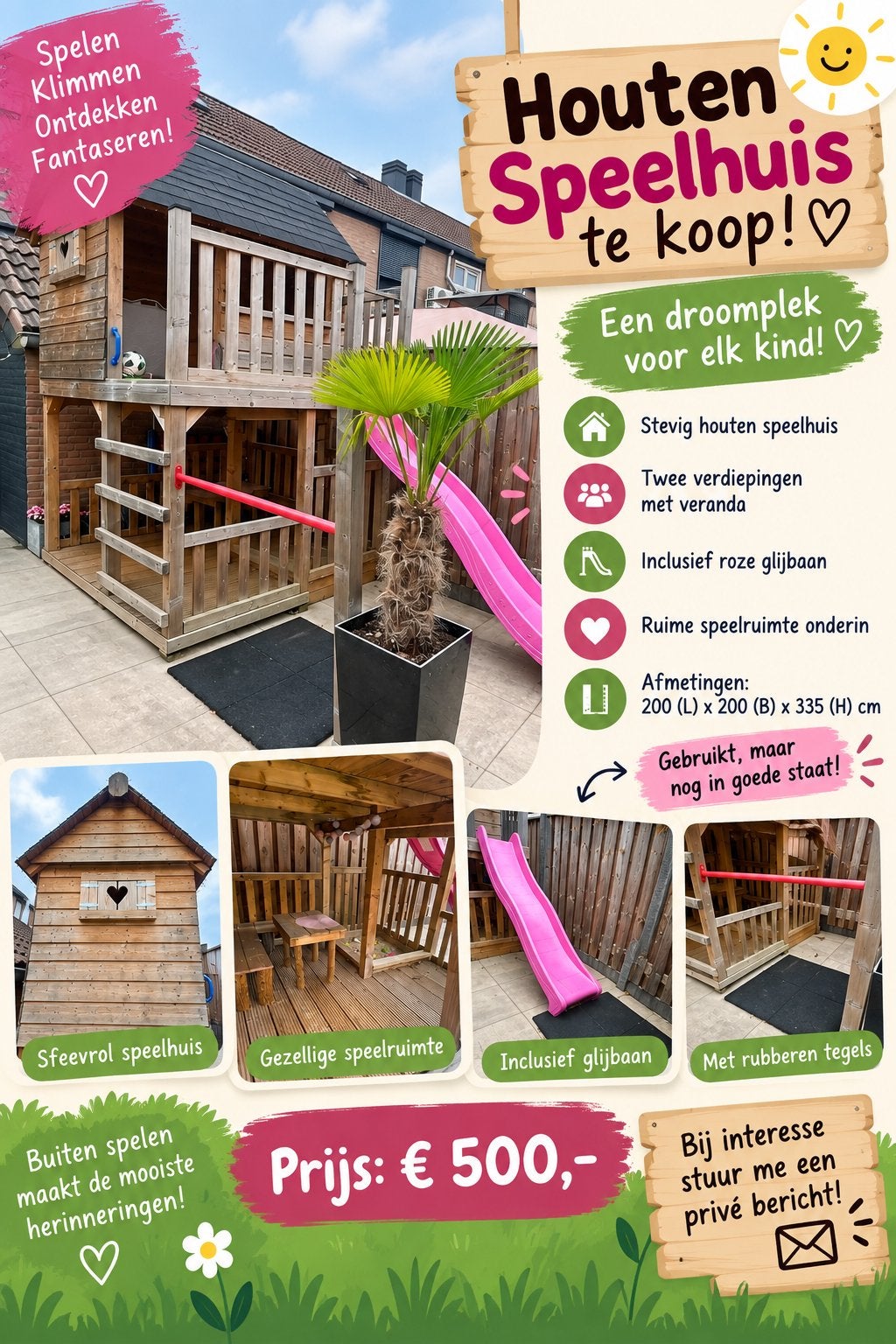 Groot houten speelhuis met glijbaan 200  200  335 cm tuin, Kinderen en Baby's, Ophalen, Gebruikt, Hout