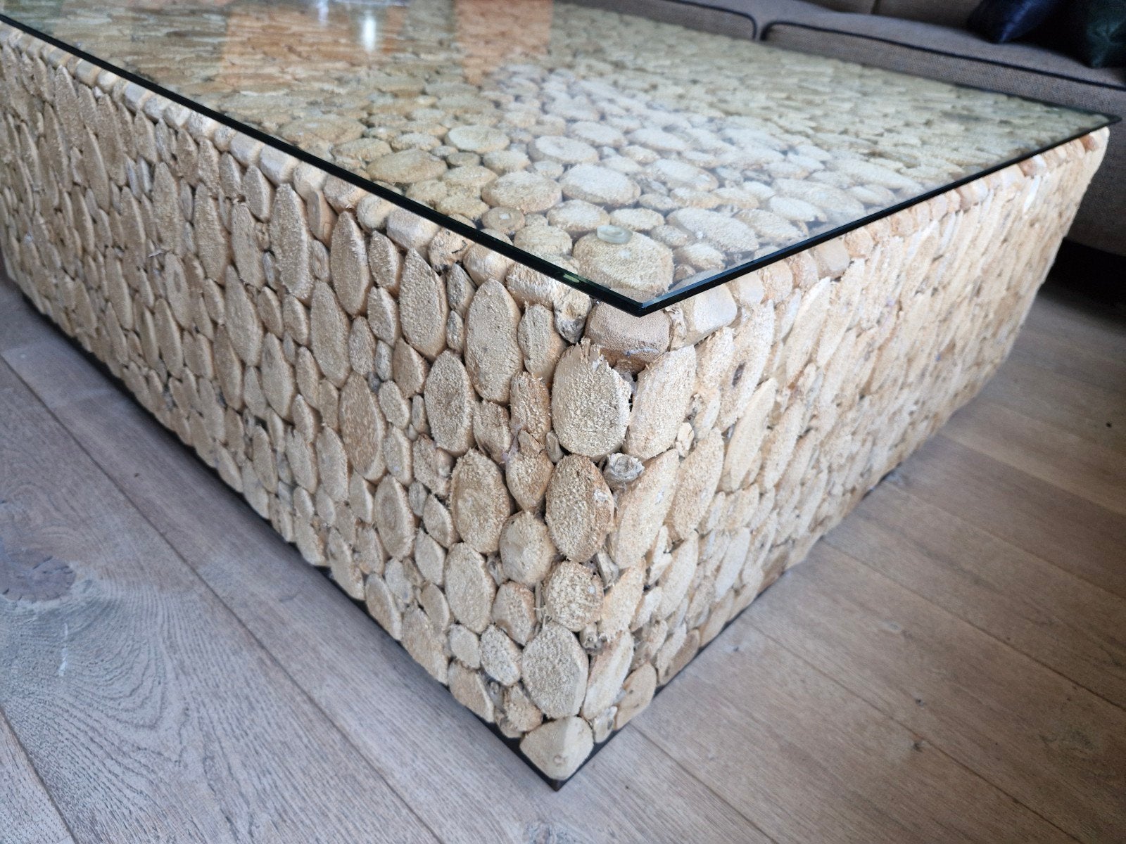 Unieke salontafel van drijfhout met glazen blad, Ophalen, 50 tot 100 cm, Vierkant, 50 tot 100 cm