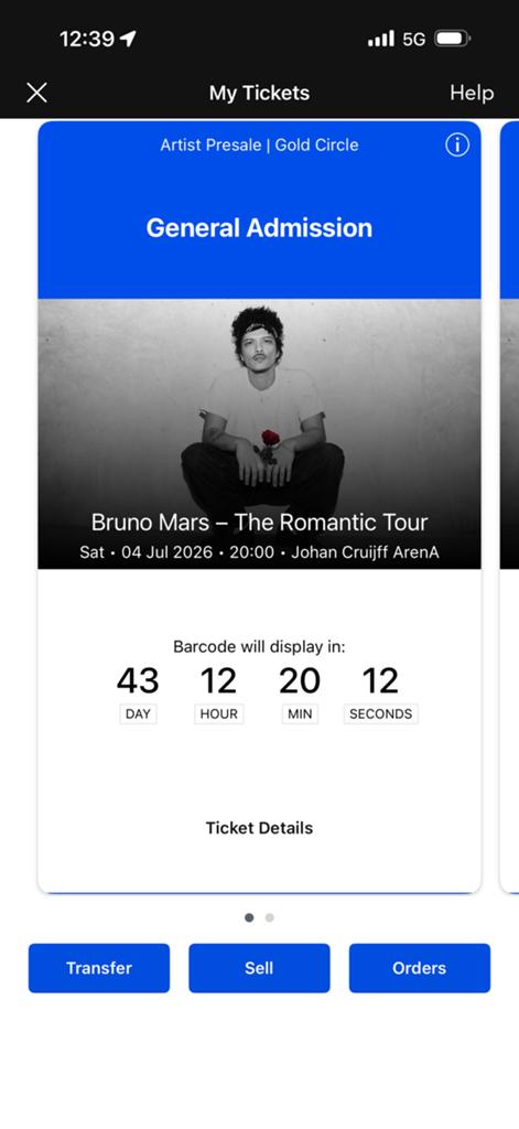 Golden Circle- Bruno Mars 4 Juli Zaterdag Amsterdam, Tickets en Kaartjes, Eén persoon, Juli