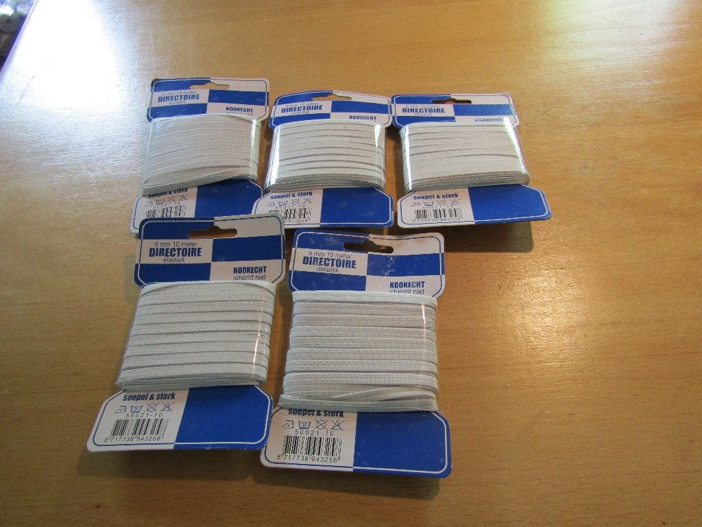 5 kaarten met Directoire elastiek 10 mtr /6mm.nieuw., Ophalen, Nieuw, Garen of Naald(en)