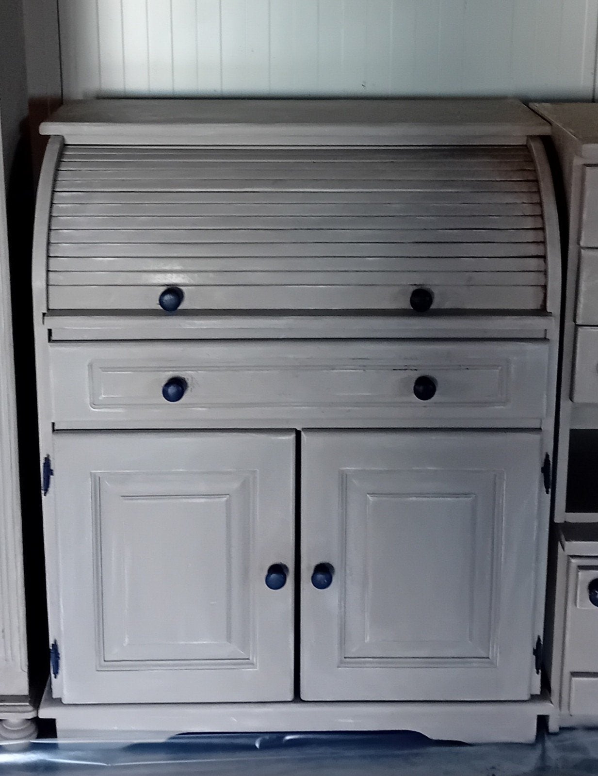 Vintage rolluik secretaire - Grijs geverfd, Ophalen