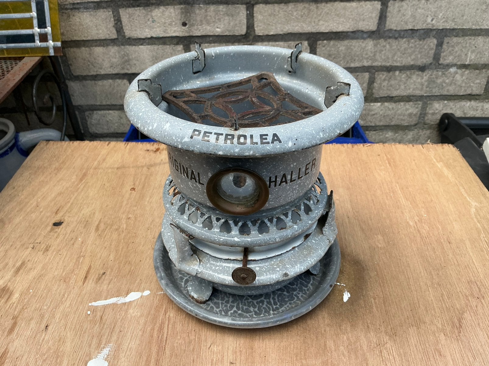 Grijs gewolkte emaille petroleum stel., Ophalen of Verzenden