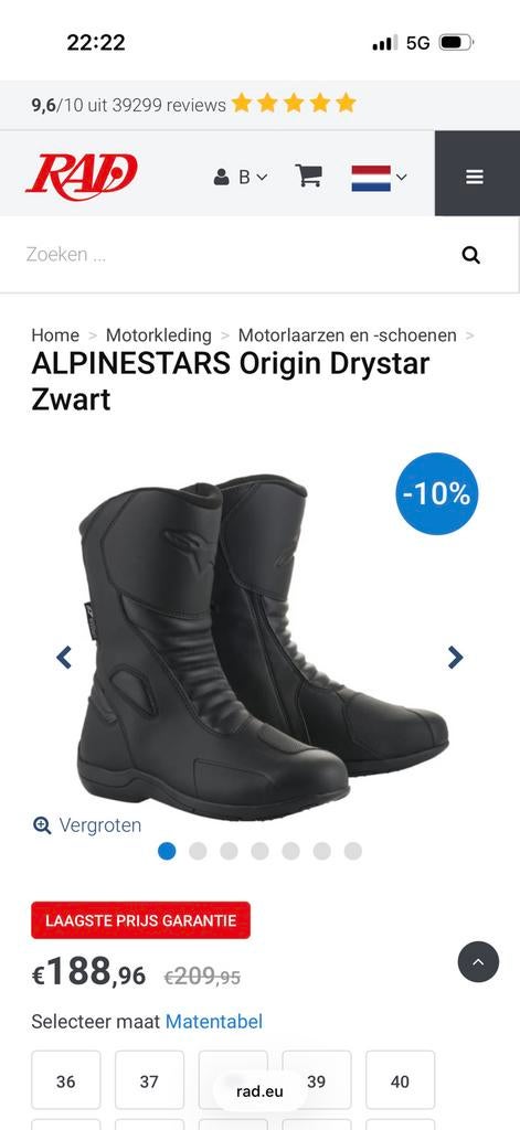 Alpinestars Origin Drystar maat 42 zgan, Ophalen of Verzenden, Tweedehands, Laarzen