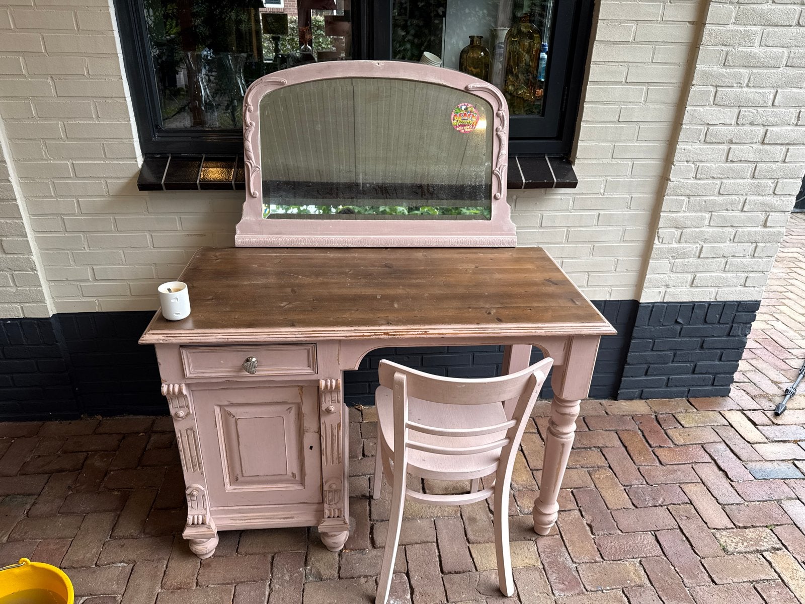 Vintage kaptafel met spiegel en stoel - Roze, Antiek en Kunst, Antiek | Meubels | Tafels, Ophalen of Verzenden