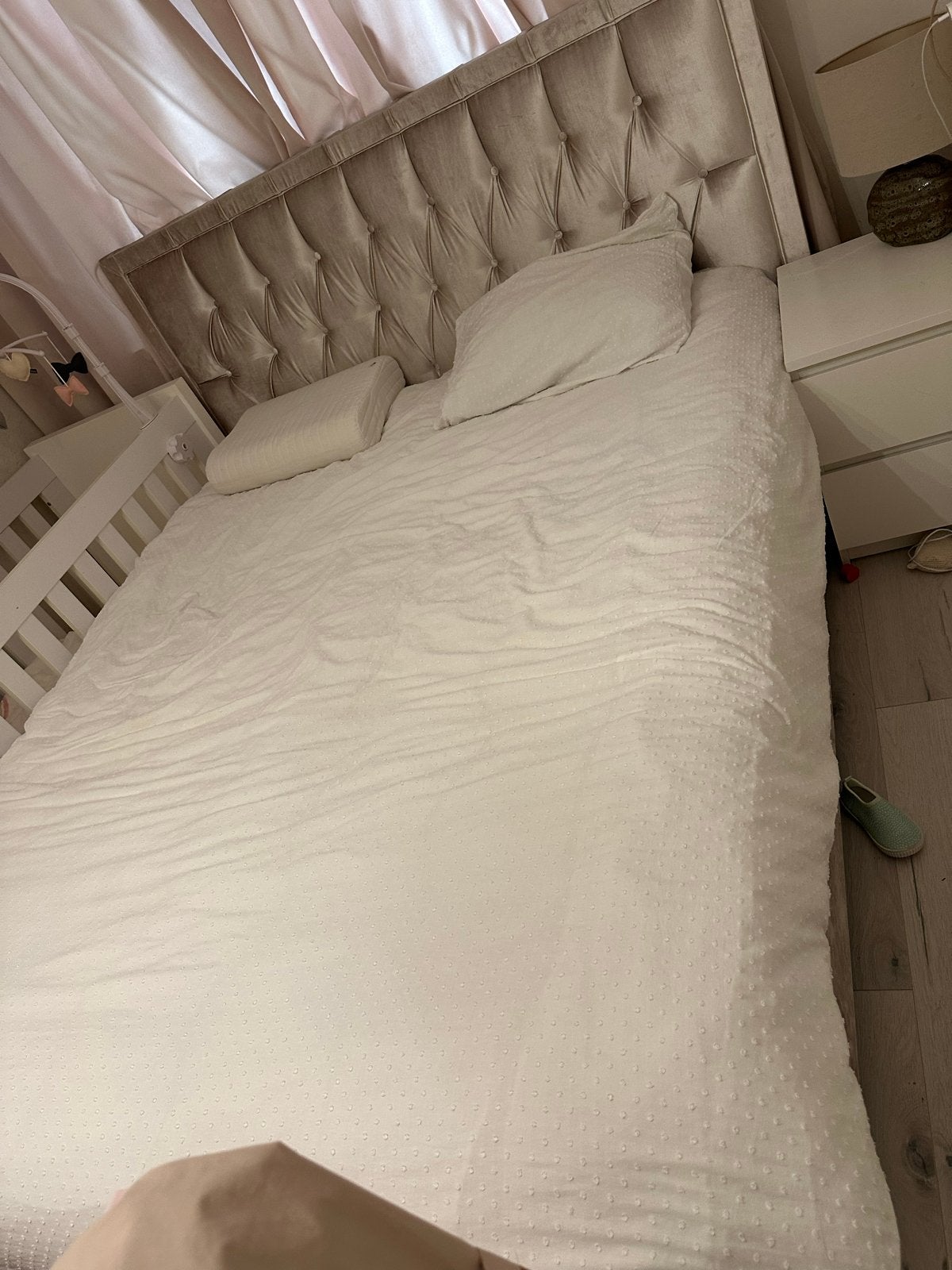 Tweepersoonsbed 160x180 cm met gestoffeerd hoofdbord, Gebruikt, Tweepersoons, 160 cm, 190 cm of minder