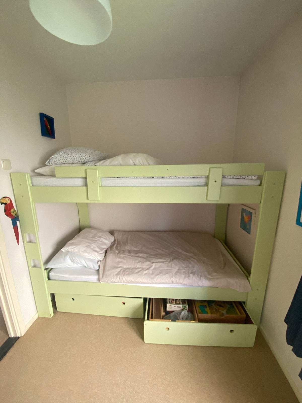Stapelbed met lades - Lichtgroen, Ophalen, Gebruikt, 90 cm, 160 tot 180 cm
