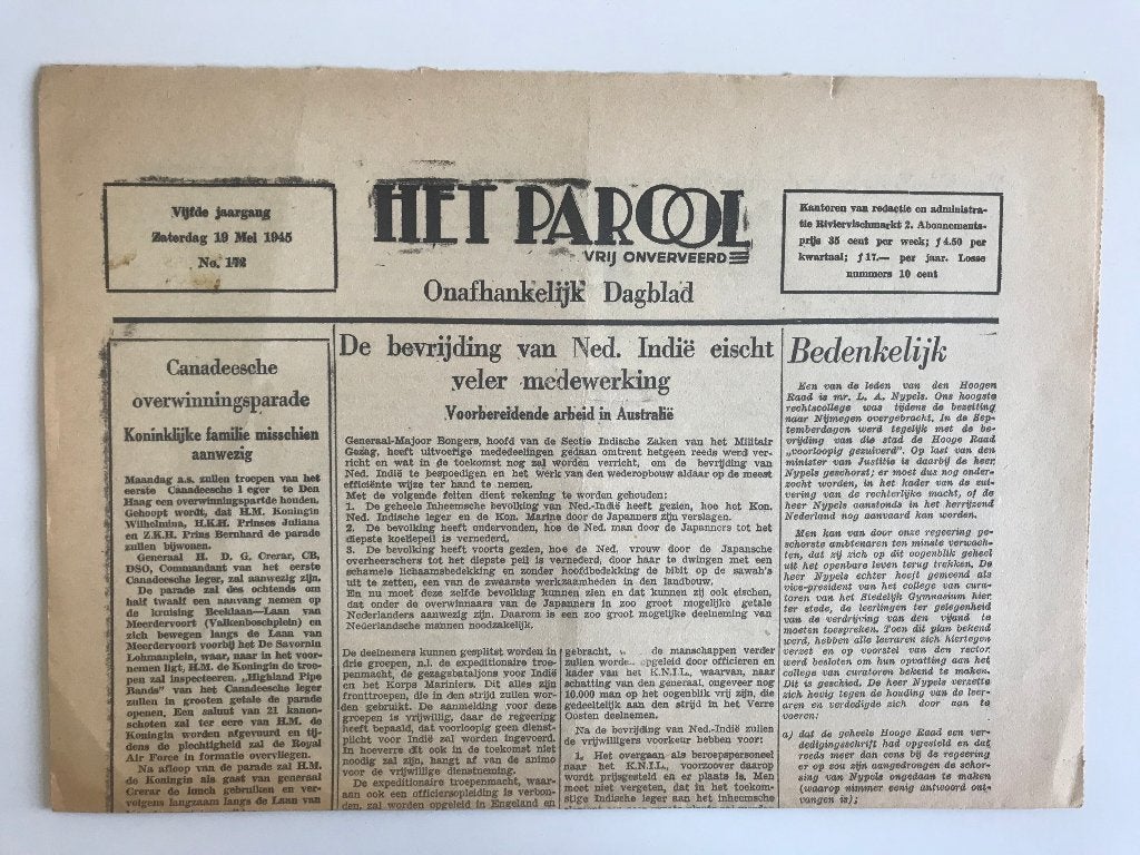 Oude krant, Het Parool, 19 mei 1945, Ophalen of Verzenden, Overige soorten, Nederland, Boek of Tijdschrift