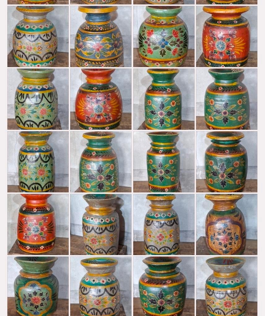 Oude houten indiase vaas melkpot waterkruik beschilderd, Antiek en Kunst, Antiek | Vazen, Ophalen of Verzenden