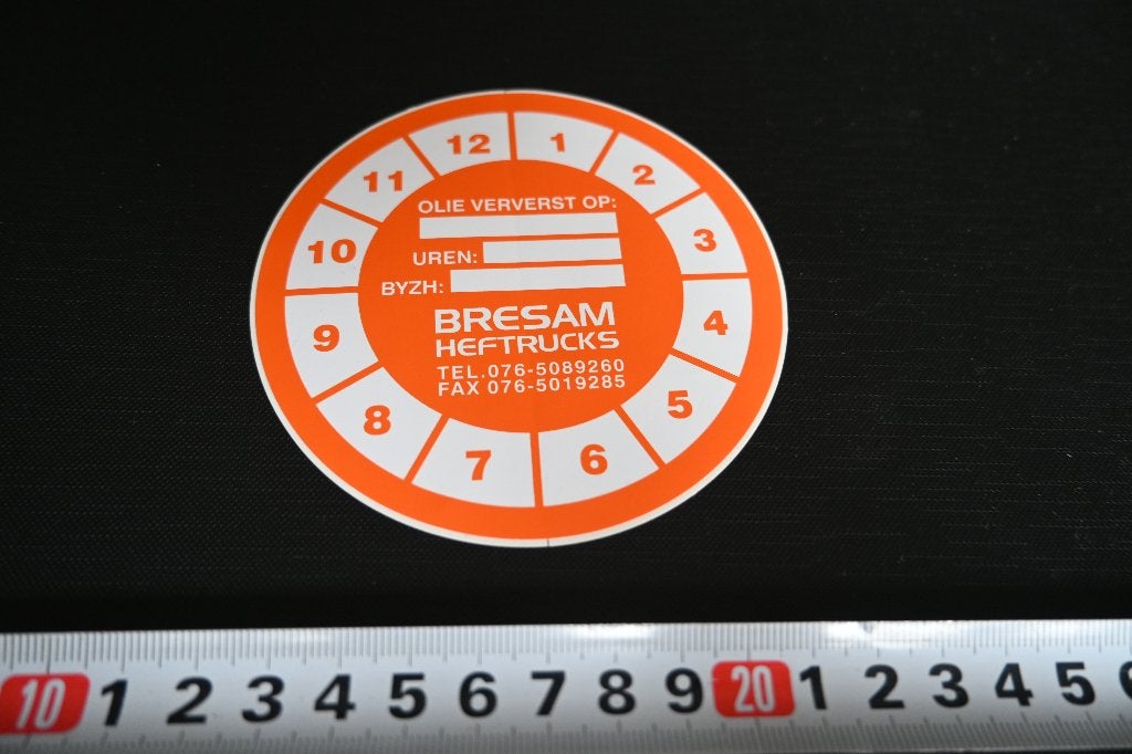 sticker breda BRESAM heftrucks olie ververst / uren / bijzh, Ophalen, Zo goed als nieuw