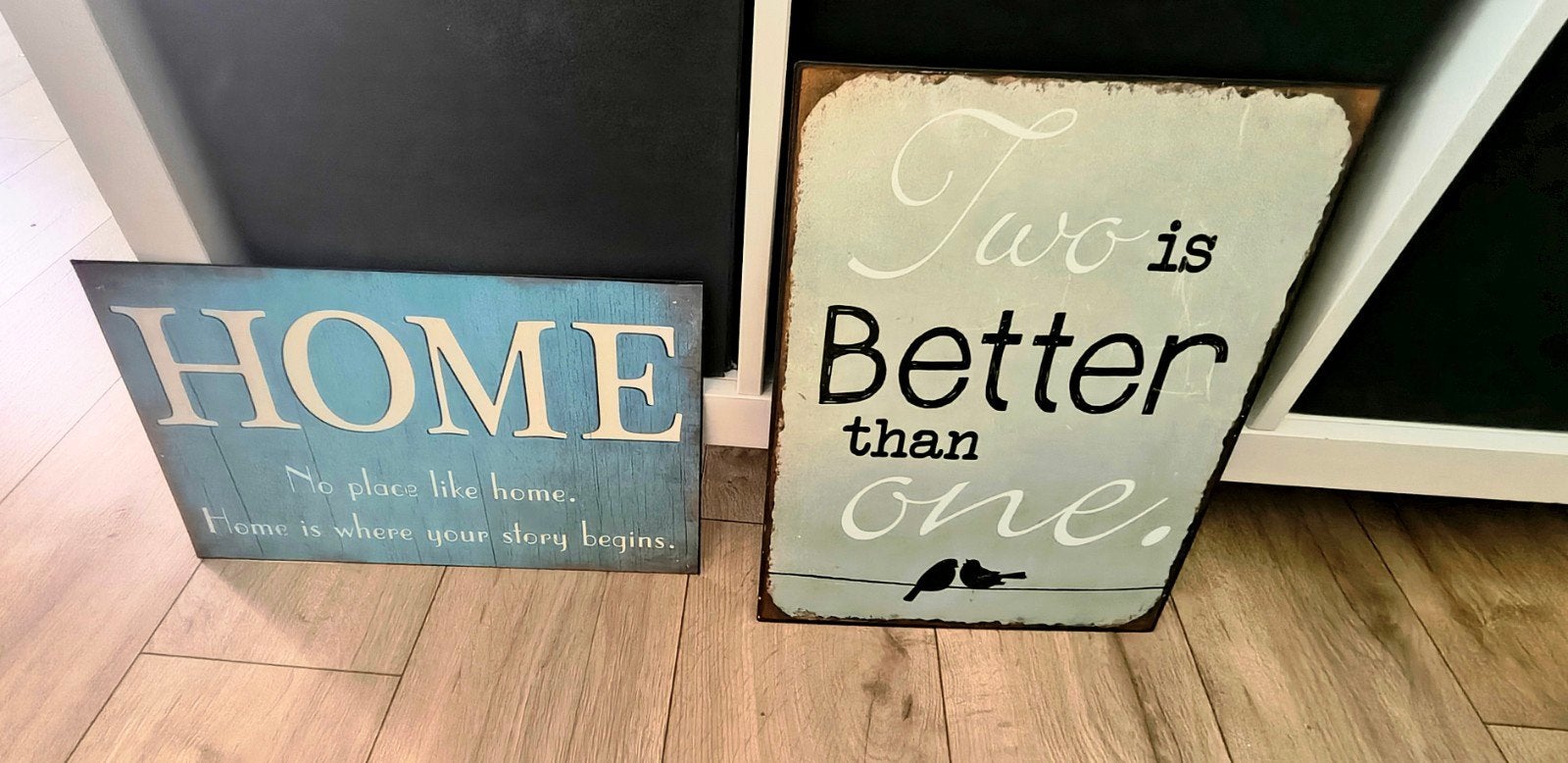 Wanddecoratie: 'Two is Better than One' en 'HOME' borden, Ophalen, Metaal, Gebruikt, Wandbord of Wandpaneel