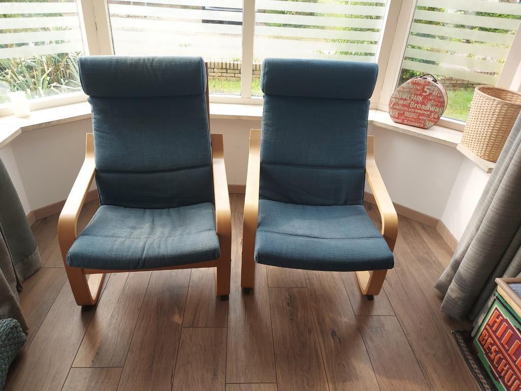 Poang stoelen Ikea blauwe kussens, Tuin en Terras, Tuinstoelen, Ophalen