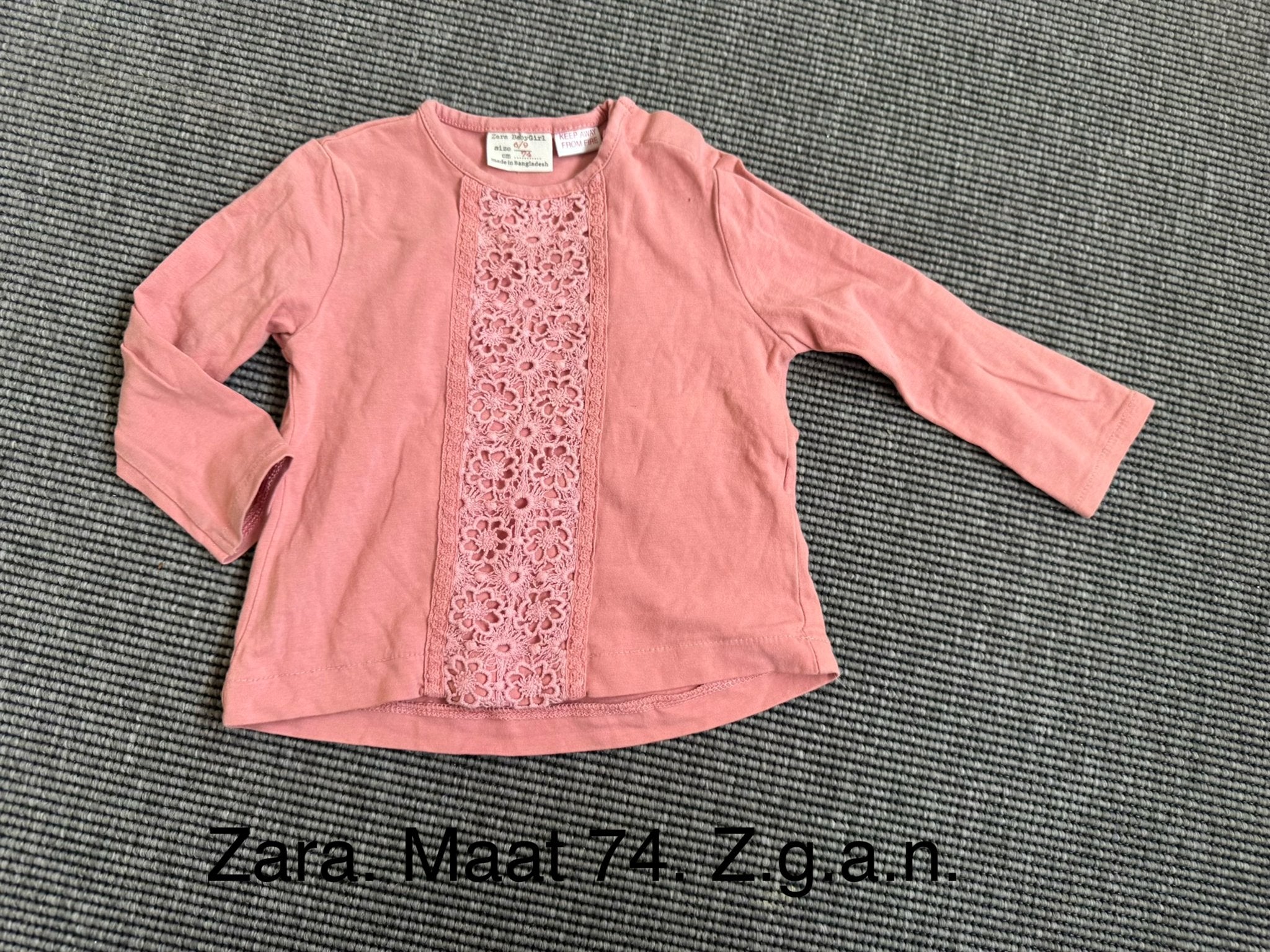 Zara roze longsleeve met kant - Maat 74, Ophalen of Verzenden, Zo goed als nieuw, Meisje, Shirtje of Longsleeve