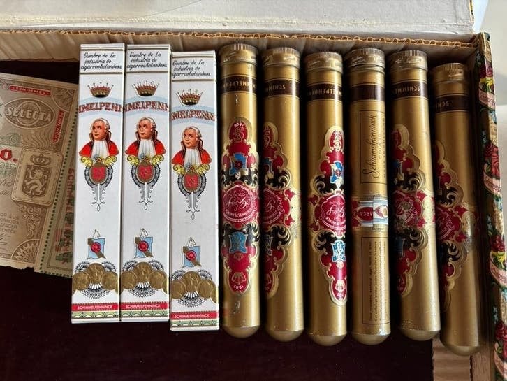 9 Vintage Schimmelpenninck Sigaren nog verpakt + kist, Ophalen of Verzenden, Gebruikt, Sigarenbandjes