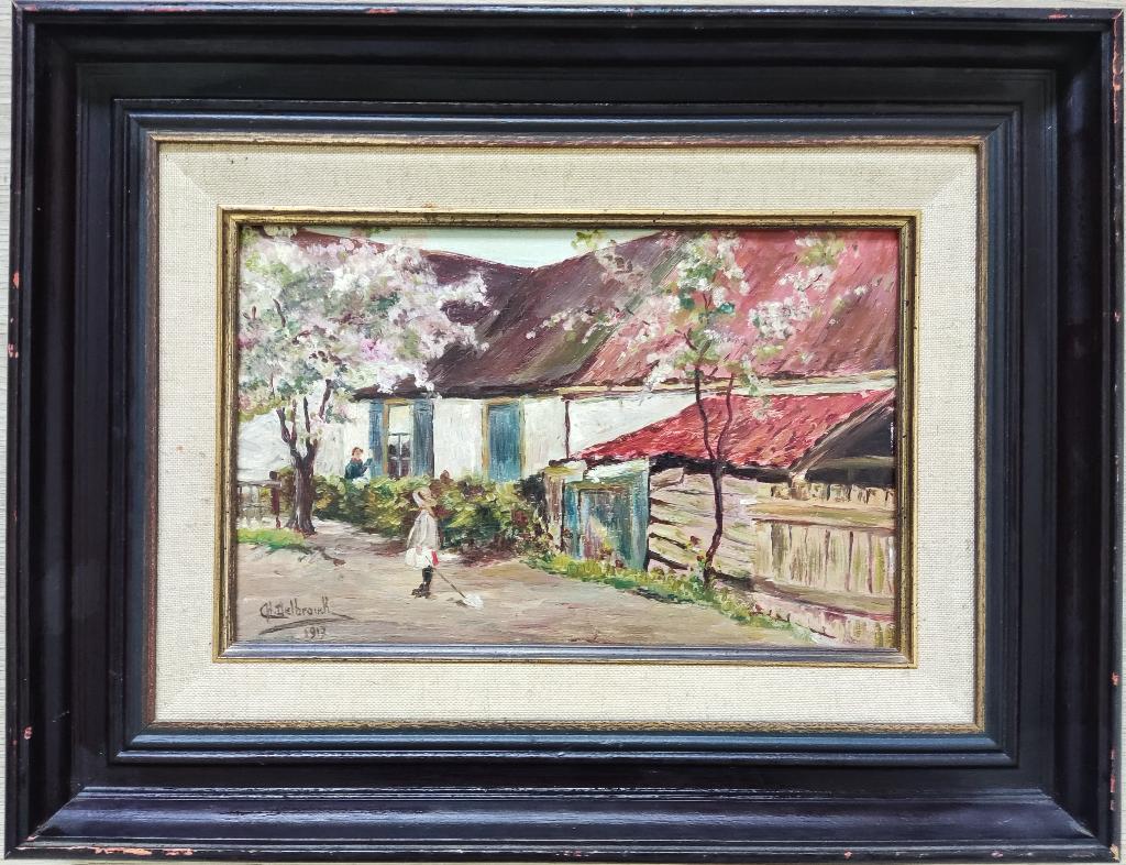Fr. school (Ch. Delbrouck 1917) - Meisje voor boerderij, Antiek en Kunst, Kunst | Schilderijen | Klassiek, Ophalen of Verzenden