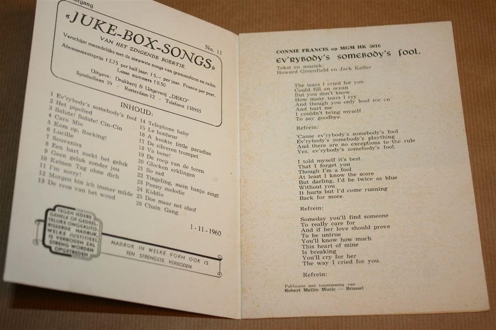 Juke-Box-Songs No. 11 — 26 Hits uit 1960, Vintage Boekje, Ophalen of Verzenden, Gelezen, Artiest