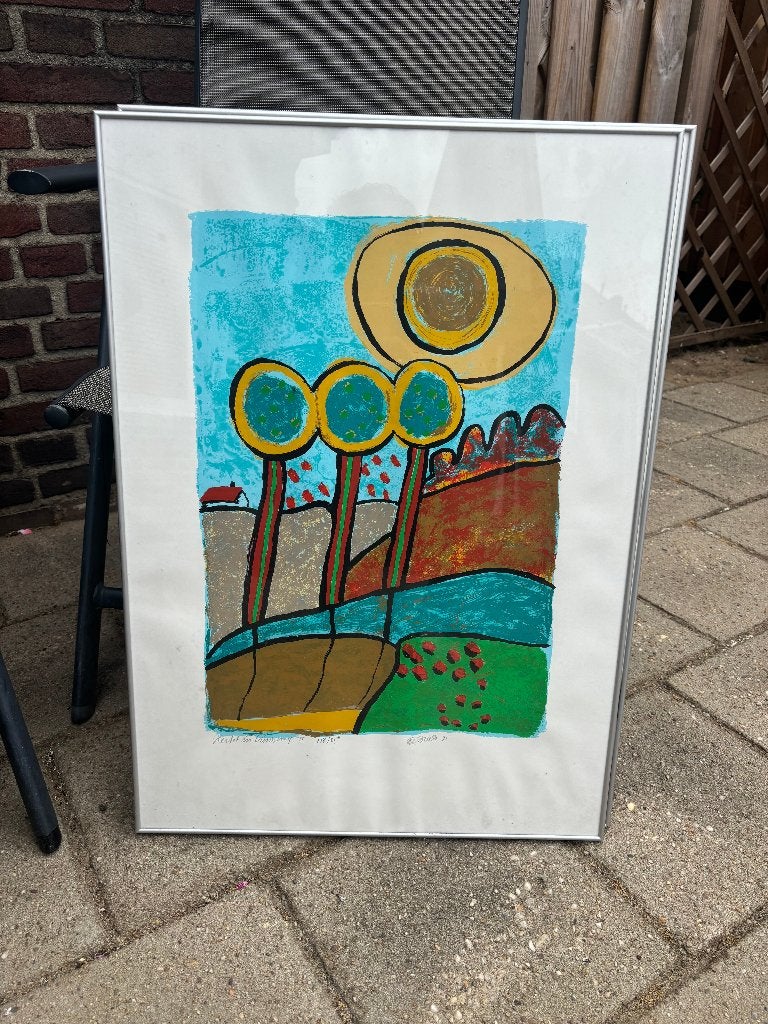 Kleurrijke kunstdruk Dries ’95 –Herfst in Limburg II + lijst, Antiek en Kunst, Ophalen, Landschappen, Overige techniek, Gelimiteerde oplage