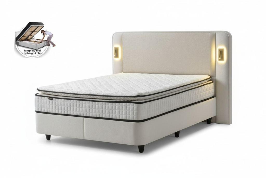 Boxspring Lorenzo opbergbed lichte beigekleur-Aanbieding, Ophalen of Verzenden, Nieuw, Tweepersoons, Hout