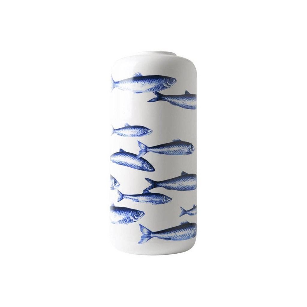 Heinen Delfts Blauw cilinder vaas Vissen 31 cm, Ophalen of Verzenden, Na 1940, Postfris