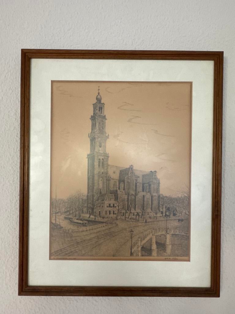 Pentekening Westertoren Amsterdam, 1934, ingelijst, Antiek en Kunst, Ophalen of Verzenden
