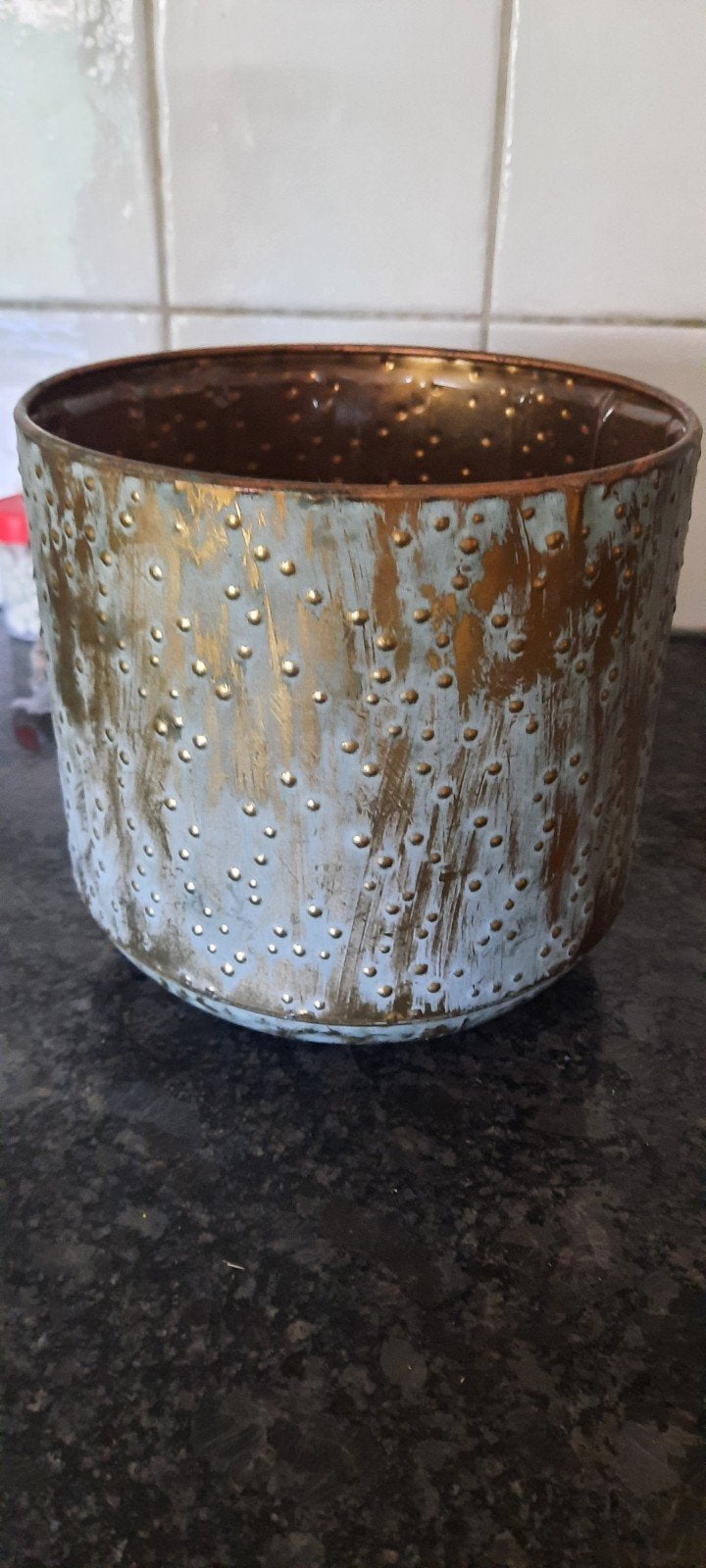Prachtige metalen pot, 18cm doorsnee, 17cm hoogte, Ophalen, Zo goed als nieuw, Metaal, Meerkleurig