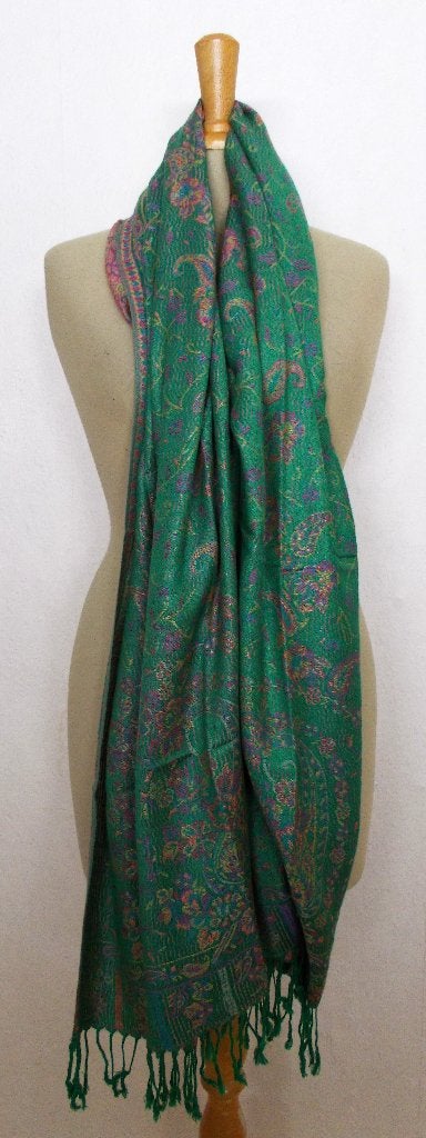 Mooie groene 100% pashmina batik print sjaal, Verzenden, Zo goed als nieuw, Maat 42/44 (L), Sjaal