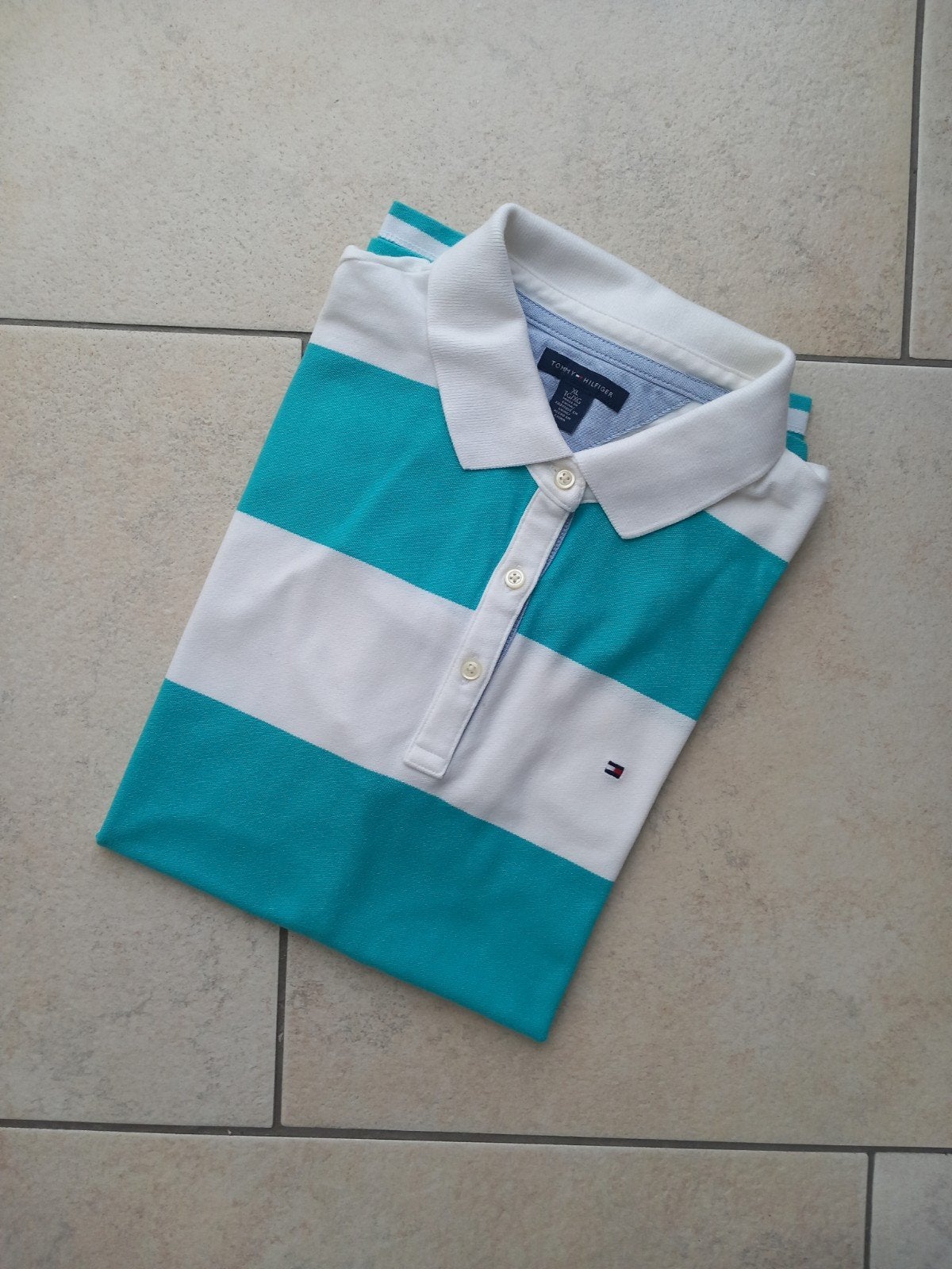 Tommy Hilfiger Polo Shirt - Turquoise/Wit Gestreept, Blauw, Maat 42/44 (L), Ophalen of Verzenden, Zo goed als nieuw