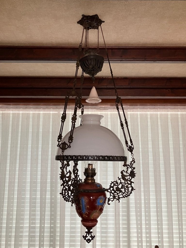 Antieke olielamp hanglamp in hoogte verstelbaar m.contragew., Antiek en Kunst, Ophalen