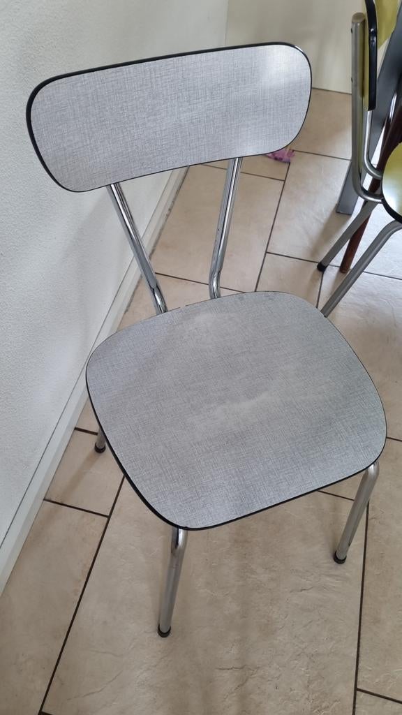 Retro Formica Stoeltje - Grijs, Gebruikt, Ophalen of Verzenden, Metaal, Retro
