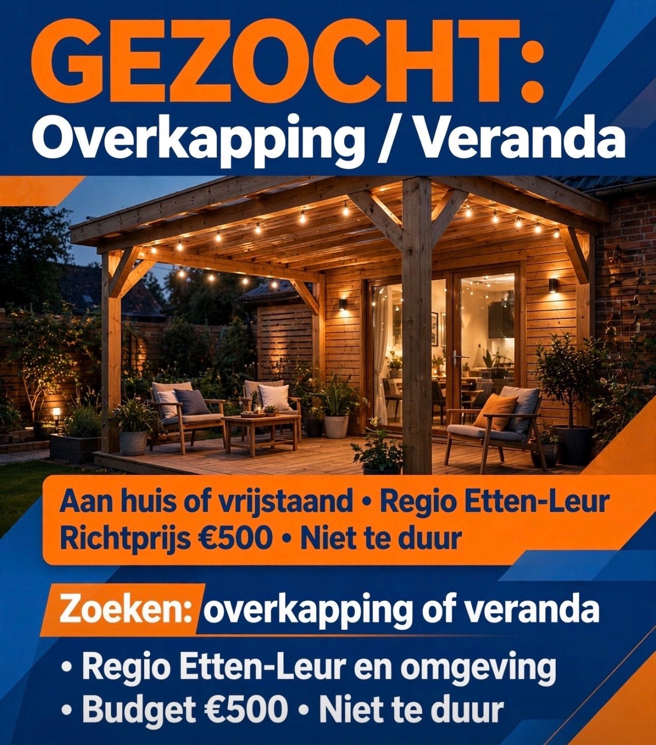 GEZOCHT: Overkapping / Veranda (Regio Etten-Leur), Ophalen of Verzenden, Gebruikt, Veranda